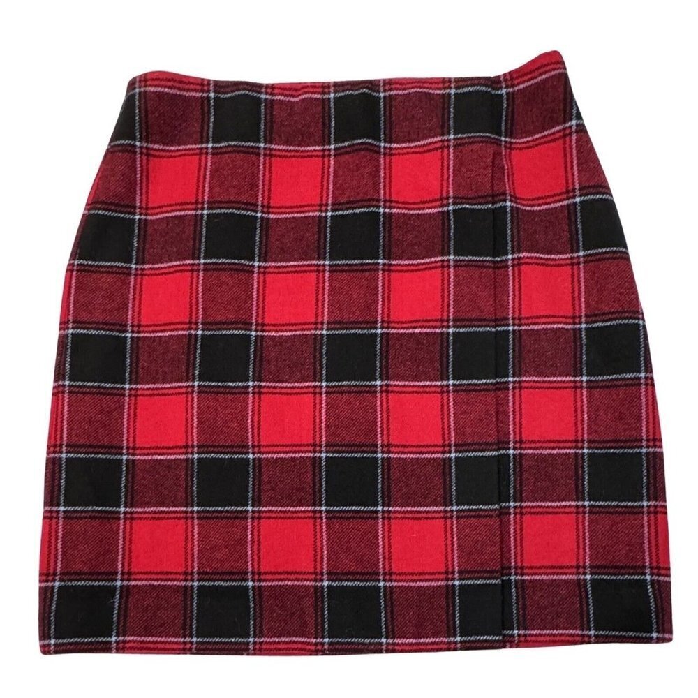 TALBOTS Wool Blend Faux Wrap Skirt Women Size 10 Red Black Buffalo Plaid Career‎